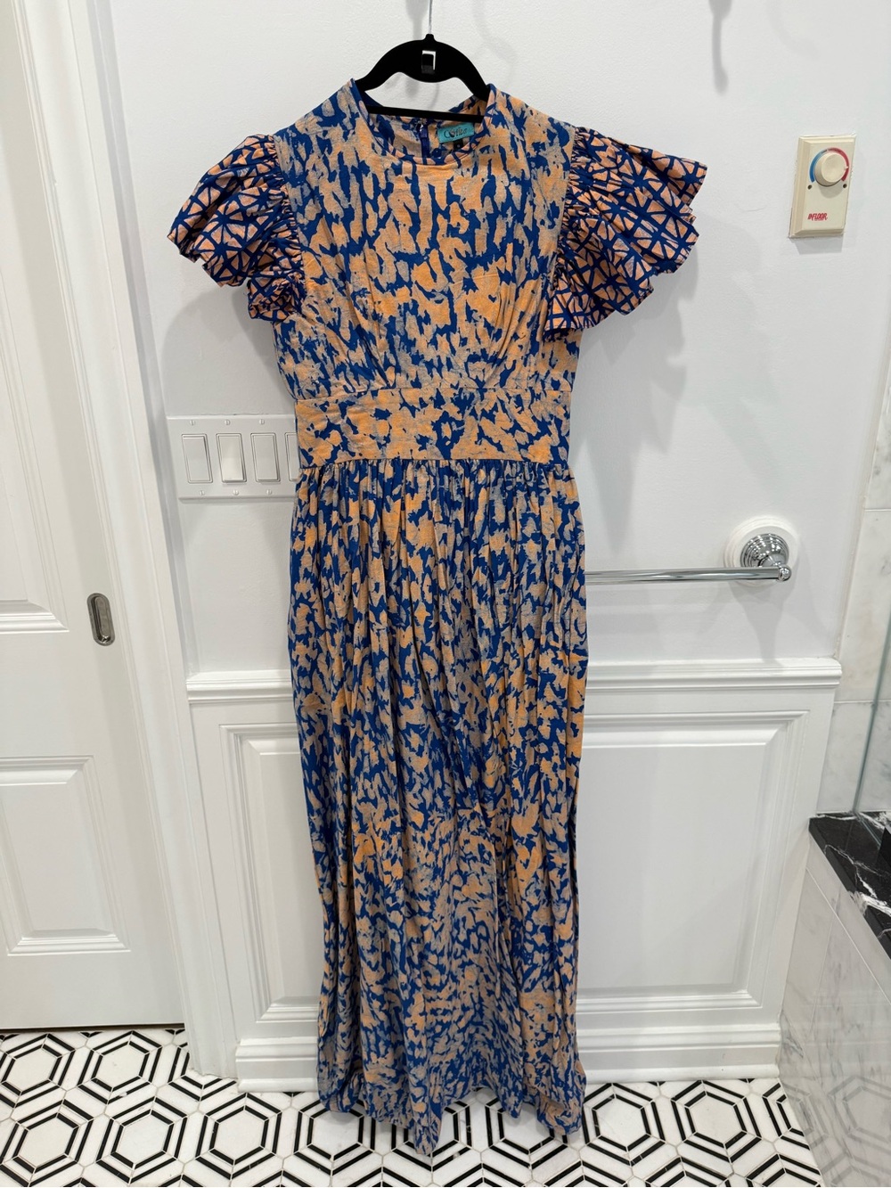 Sika Blue and Tan Printed Flutter-Sleeve Maxi Dress